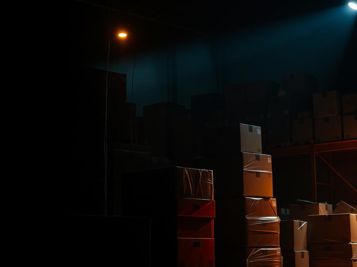 Stacked retail cartons in a dim warehouse lit by warm light