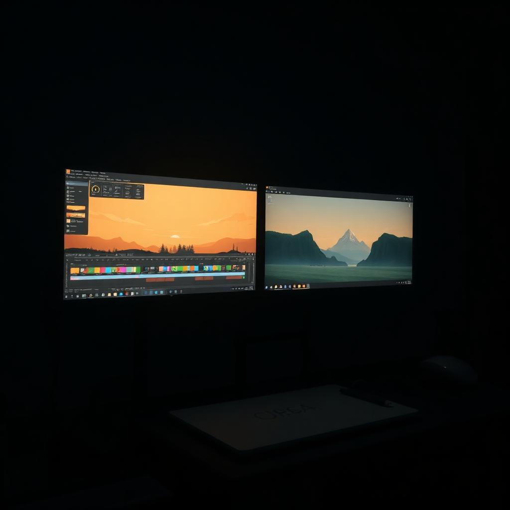 Animation workstation with timeline and layered scene on screen