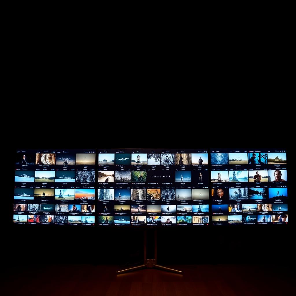 Monitor wall showing an organized digital asset library