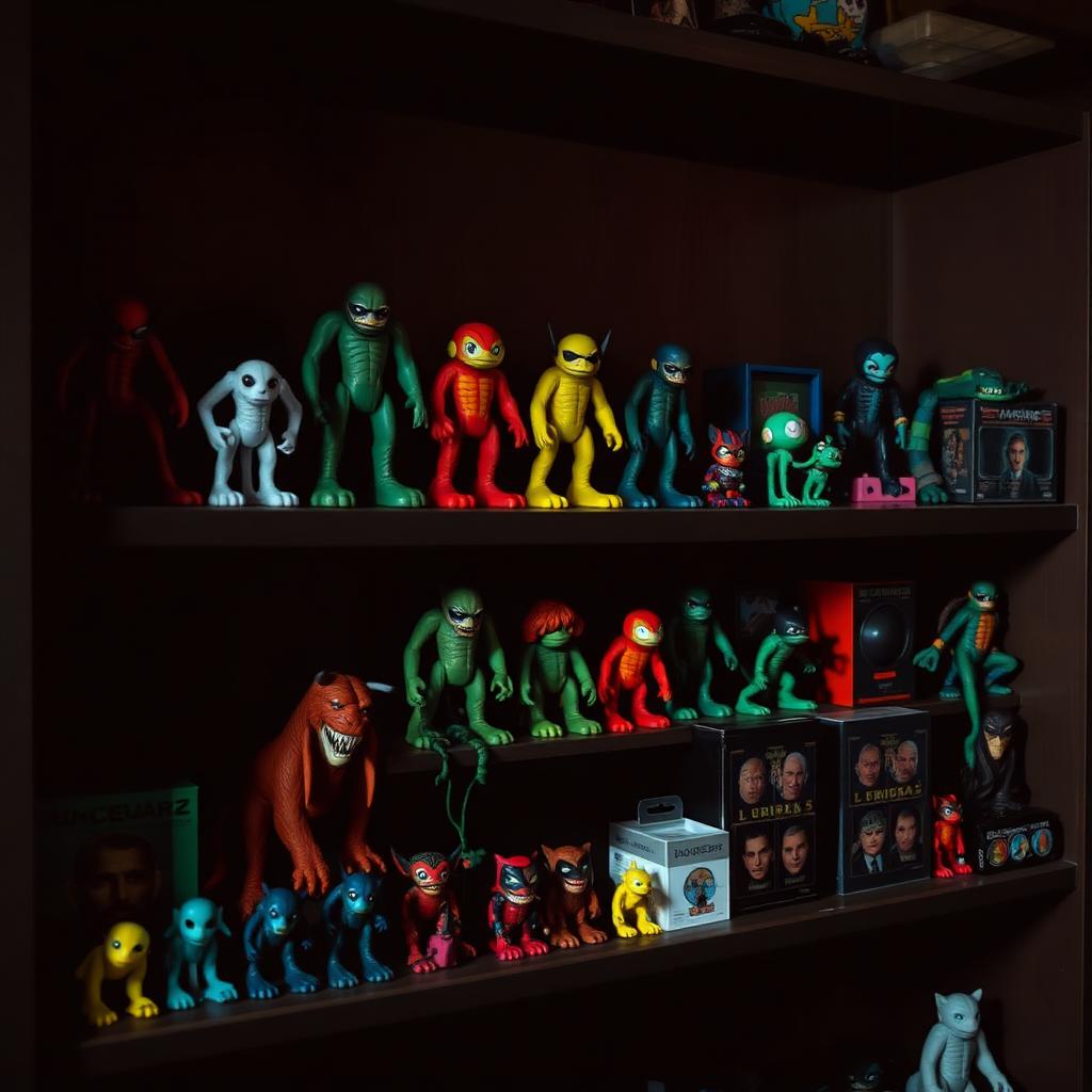 Shelf of licensed character toy prototypes in a dim studio