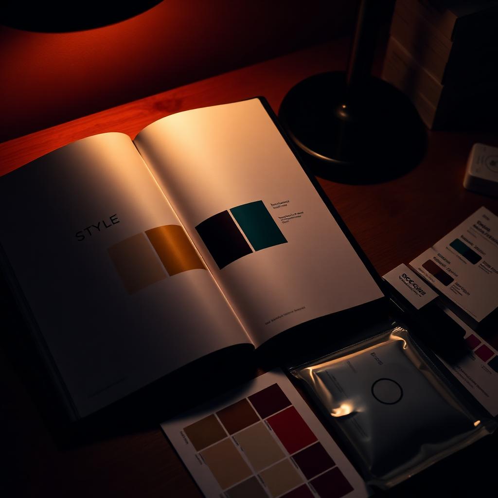 Open brand style guide beside colour swatches and packaging samples