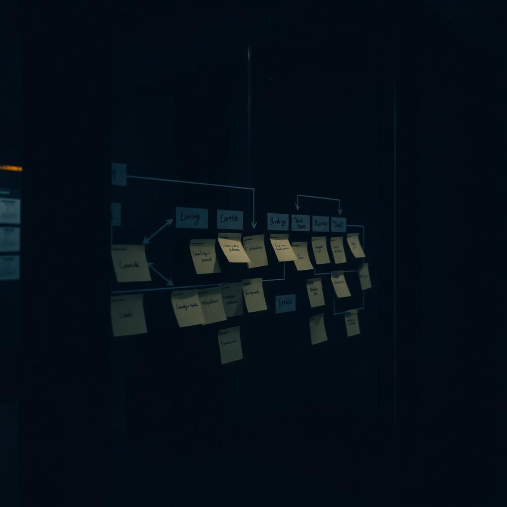 Workflow board with connected tasks on a glass wall